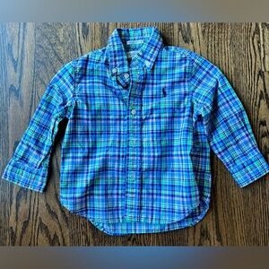 Ralph Lauren Baby Boy 18M Natural Stretch Plaid Button Down Dress Shirt